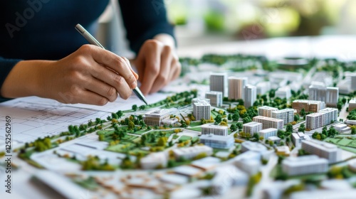 A detailed shot of an urban planner reviewing plans for a sustainable urban redevelopment project, Urban redevelopment scene, Eco-friendly urbanism style