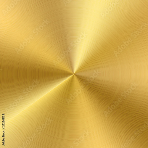 Gold gradient radial background. brass foil circle. Wheel sticker angular texture. Vector bronze metal disk. Golden color hologram button plate. Premium badge circular label. Medal coin disk template