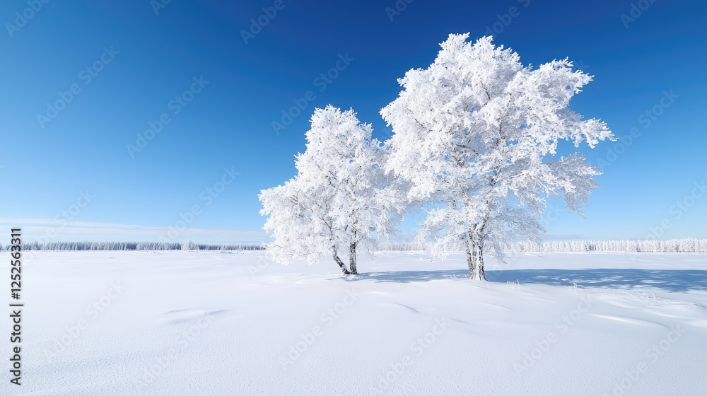 Obraz premium Frosty birches in snowy field, clear sky; winter landscape