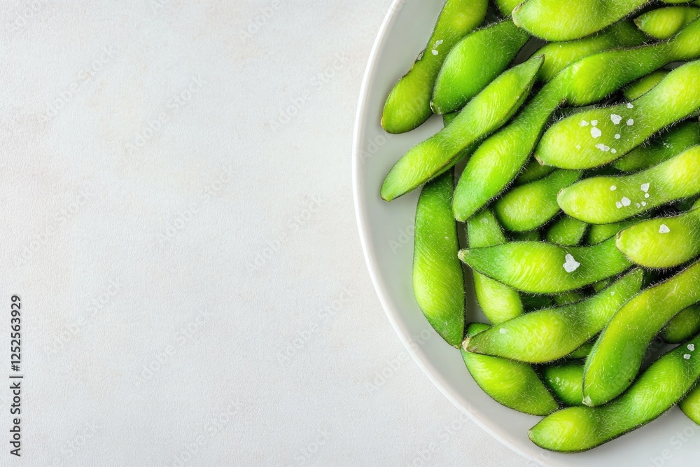 macro shot of freshly steamed edamame beans sprinkled with sea salt arranged on white ceramic plate with copy space macro shot of freshly steamed edamame beans sprinkled with sea salt arranged on white ceramic plate with copy space
