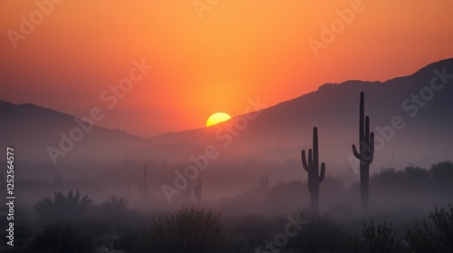 Wallpaper Mural Arizona Desert Sunrise Misty Mountains and Silhouette Cacti Torontodigital.ca