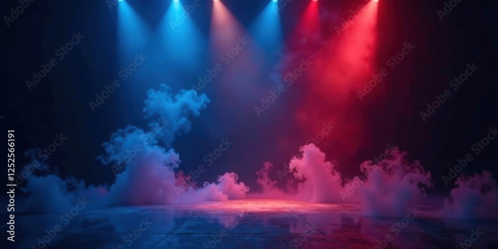 Naklejka premium Evocative Stage Setting with Blue and Red Lighting and Swirling Smoke on a Reflective Floor