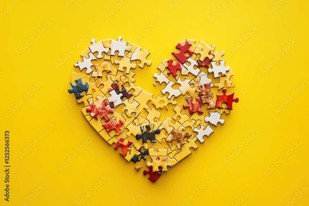 Heart shape formed by puzzle pieces on a yellow background Heart shape formed by puzzle pieces on a yellow background
