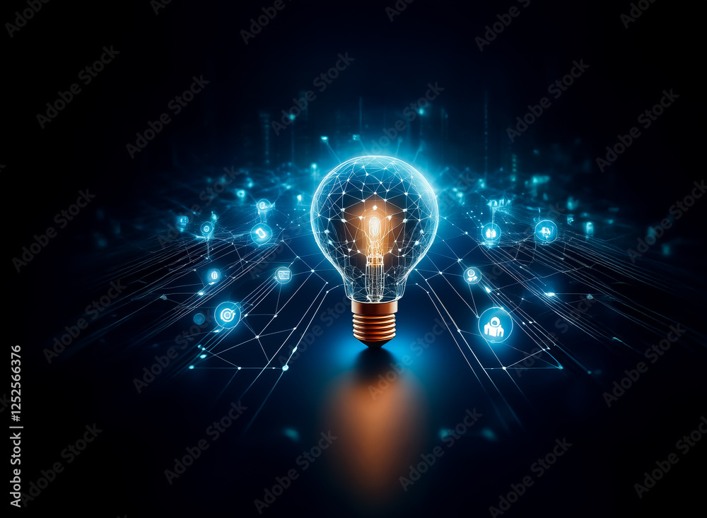 Glowing light bulb with digital network connections and icons on a dark backdrop, symbolizing innovation, technology, and bright ideas. Glowing light bulb with digital network connections and icons on a dark backdrop, symbolizing innovation, technology, and bright ideas.