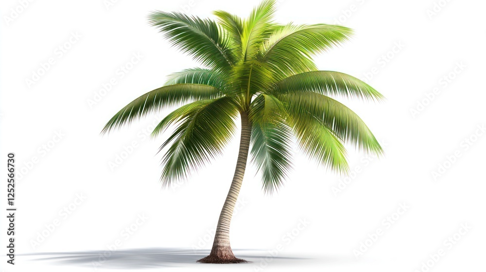 Obraz premium Single palm tree, tropical beach, sunny day, white background, travel brochure