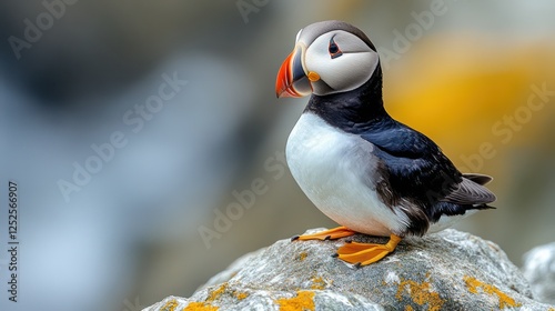 Portrait of a horned puffin bird on a white background