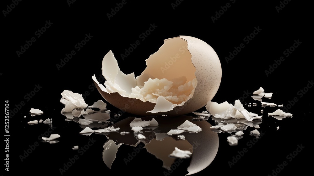 A broken eggshell with soft, creamy white interior visible, surrounded by tiny shards, symbolizing fragility and freshness in a simple and clean composition A broken eggshell with soft, creamy white interior visible, surrounded by tiny shards, symbolizing fragility and freshness in a simple and clean composition