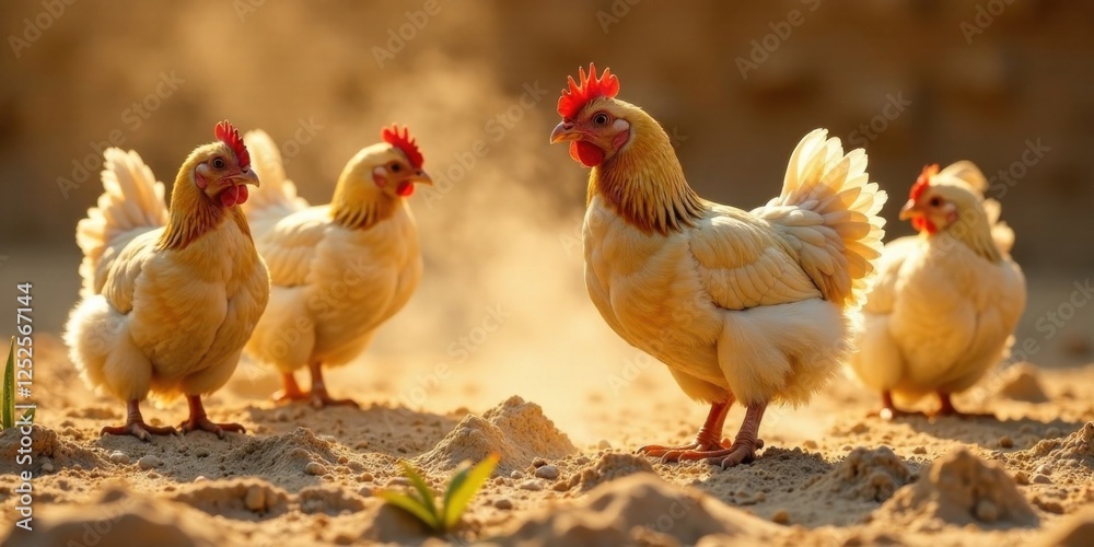 Fototapeta premium Golden hens basking in the warm afternoon sun, dust swirling around their feathered bodies as they peacefully forage in the sandy soil.