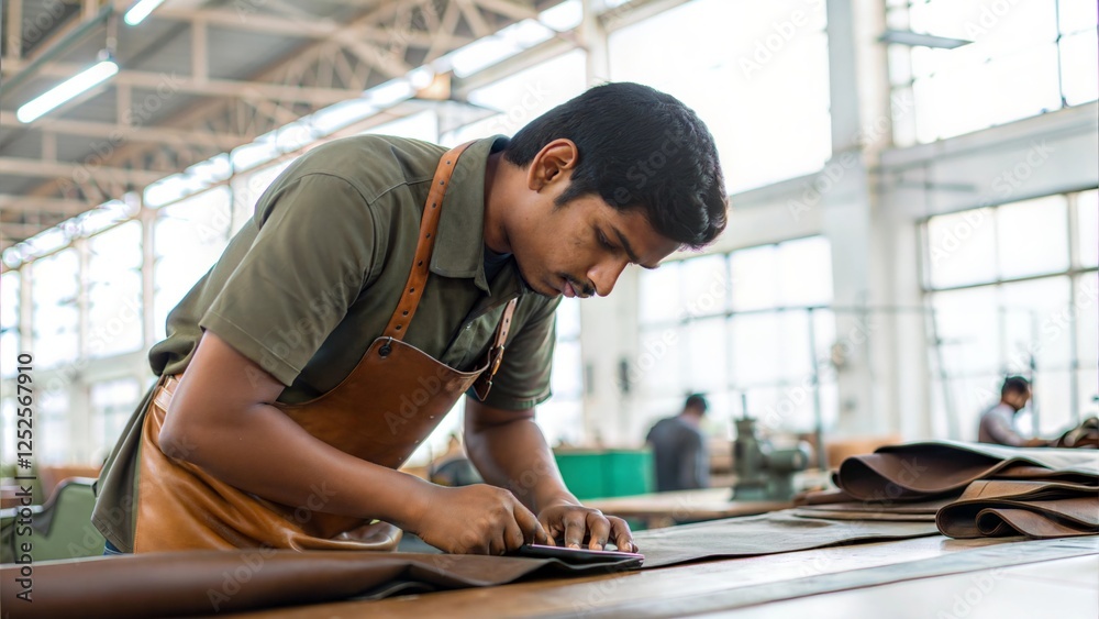 young Indian Factory Worker looking at the camera in Leather Industry – A worker cutting or stitching leather for bags, shoes, or garments.
young Indian Factory Worker looking at the camera in Leather Industry – A worker cutting or stitching leather for bags, shoes, or garments.