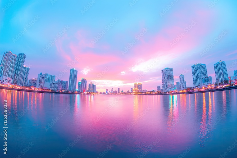 Obraz premium breathtaking fisheye photograph capturing unusual perspective of vibrant city skyline with ample copy space for text