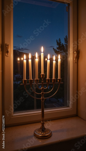 Illuminated menorah with candles at window during dusk photo