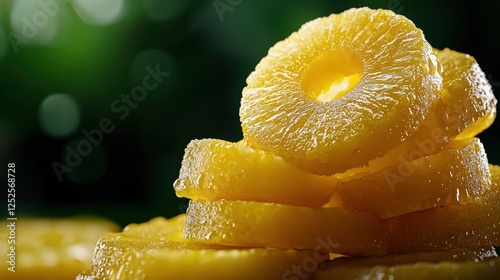 A pile of pineapple slices with a shiny, glazed surface photo