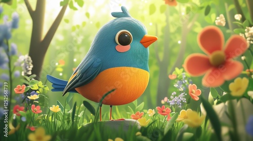 A cheerful cartoon bird with bright colors, surrounded by flowers and trees, set in a lively children world full of joy and playful charm