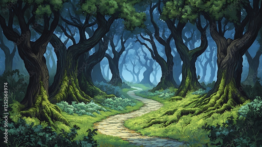 Fototapeta premium Enchanted Forest Path: A Digital Painting of a Mystical Woodland AI Generated