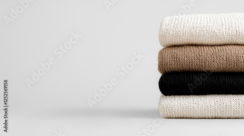 Stacked Knitted Sweaters Against Gray Background. Possible use Fashion photography
