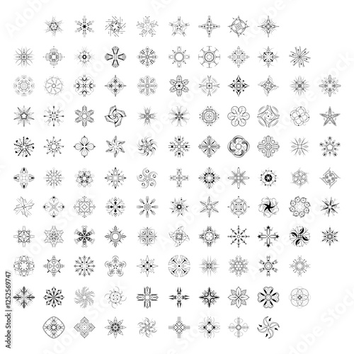 Set Black Colleciton Line Snowflake Doodle Winter Decoration Elements Vector Design Style