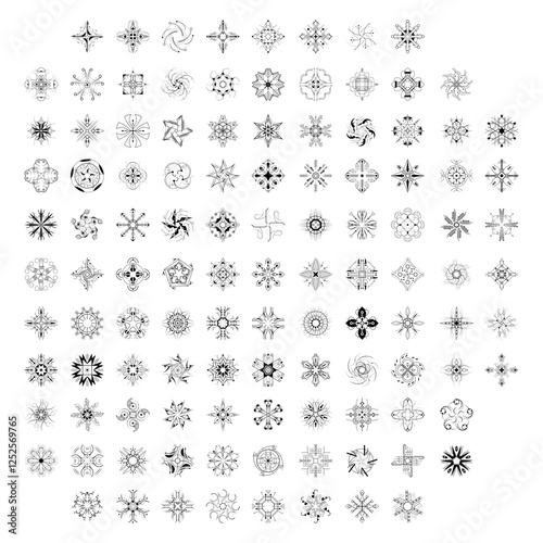 Set Black Colleciton Line Snowflake Doodle Winter Decoration Elements Vector Design Style