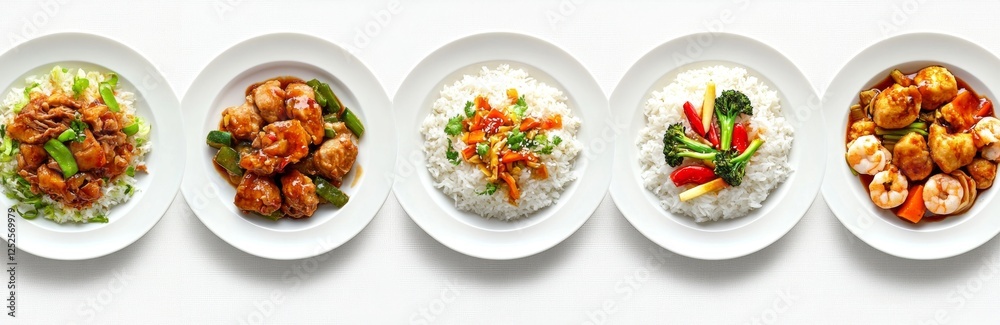 Asian cuisine five rice dishes, overhead view, menu Asian cuisine five rice dishes, overhead view, menu