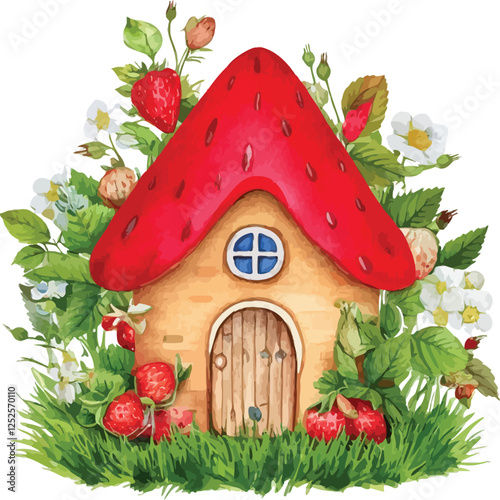 Watercolor strawberry house. garden of small fairy-tale cottage