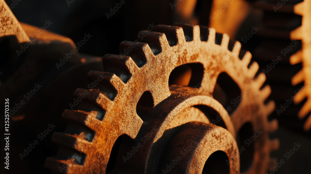 Close-up of rusted metal gears in an abandoned factory with golden hour Close-up of rusted metal gears in an abandoned factory with golden hour