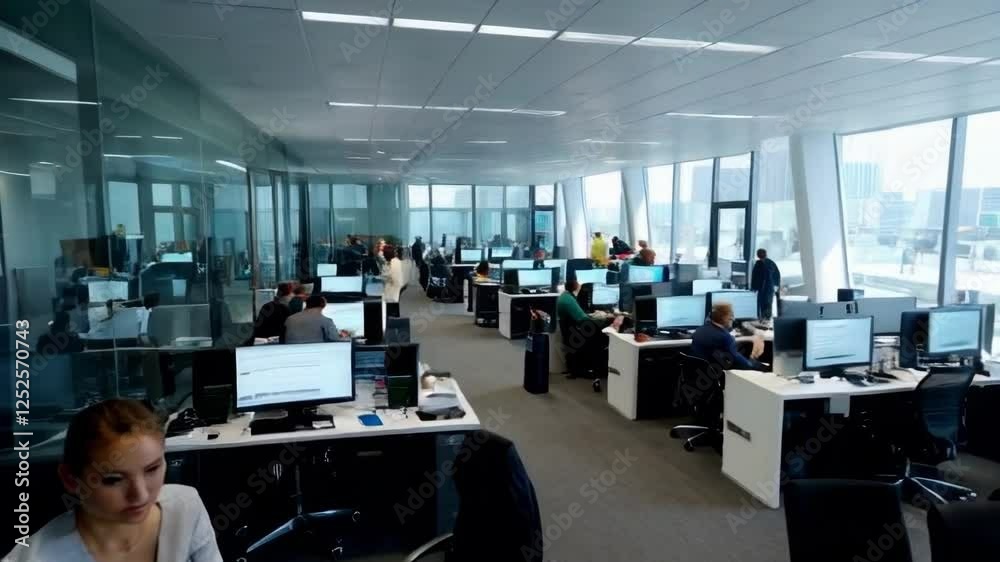 A large office with many people working at their desks. Scene is busy and focused