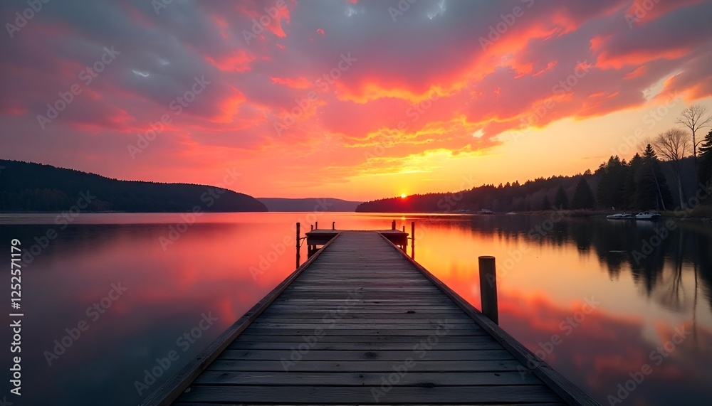 Sunset Over the lake and wooden old pier, Sunset Over the lake and wooden old pier,