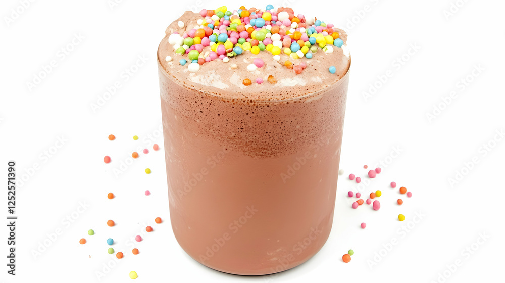 Chocolate milkshake with sprinkles, dessert drink, studio shot, white background, food photography Chocolate milkshake with sprinkles, dessert drink, studio shot, white background, food photography