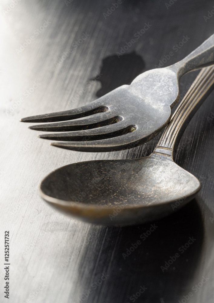 The morning sun shines hits on Ancient worn vintage cutlery on the black background. Close up of Crossed black metal spoon and fork, Highlighting its texture and design, Light and shadow, use it as yo