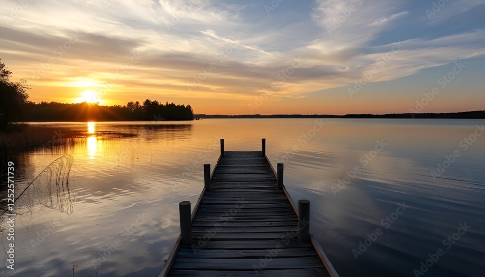 Obraz premium Sunset Over the lake and wooden old pier,