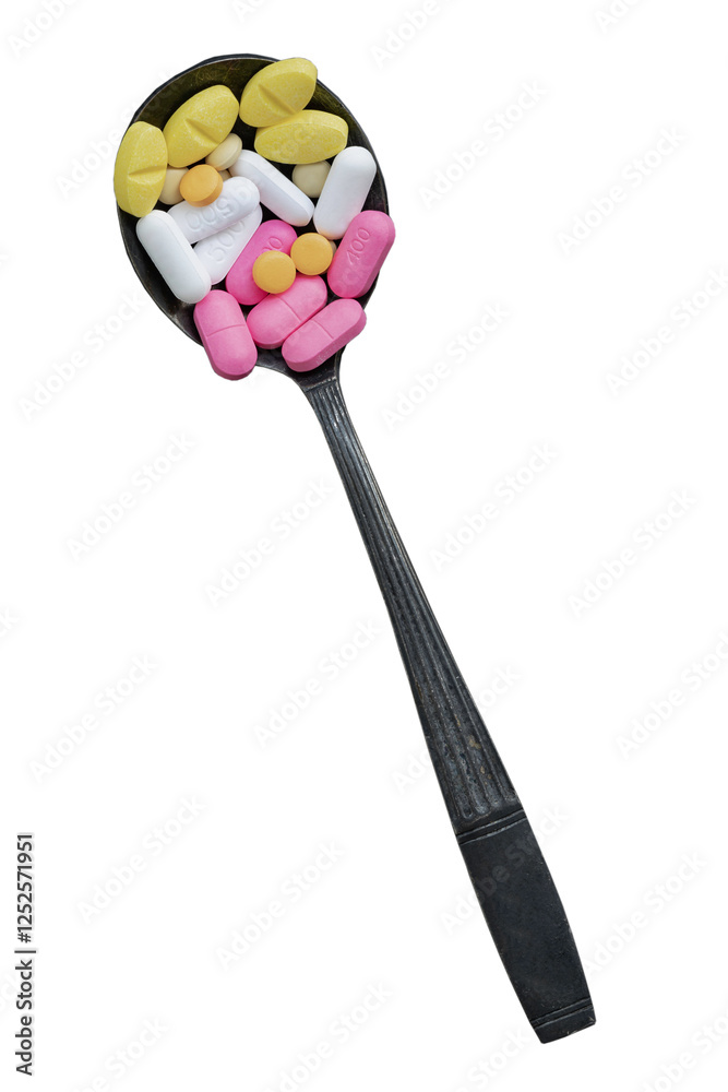 Top view of A lot of pills of different colors and shapes on Ancient vintage spoon isolated on White background with clipping path. Concept of medication treatment and Health care, use it as your Spac