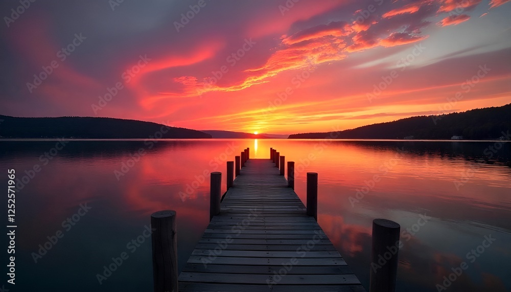 Obraz premium Sunset Over the lake and wooden old pier,