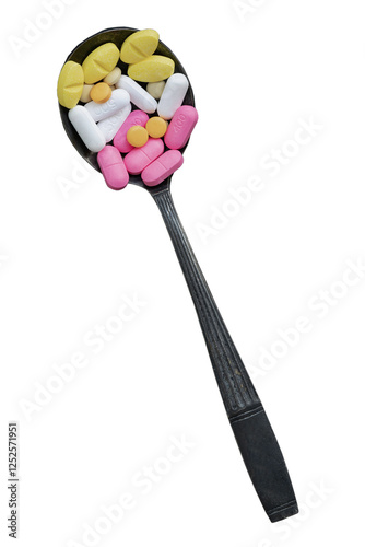Top view of A lot of pills of different colors and shapes on Ancient vintage spoon isolated on White background with clipping path. Concept of medication treatment and Health care, use it as your Spac