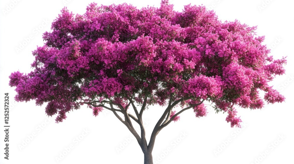 Fototapeta premium Pink bougainvillea tree, isolated, spring bloom, white background, nature scene, website design