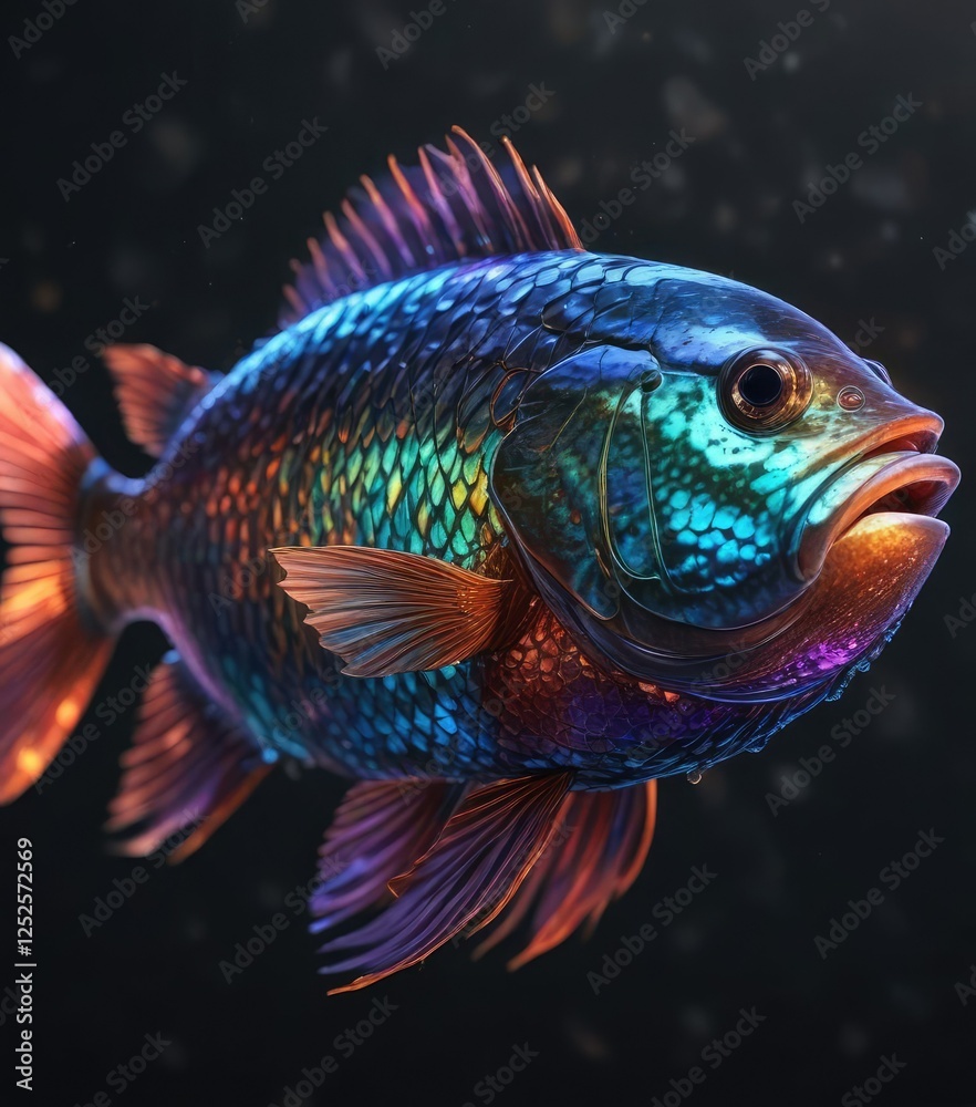 Iridescent fish with scales that shine like embers on black canvas, shimmering, mesmerizing, glowing Iridescent fish with scales that shine like embers on black canvas, shimmering, mesmerizing, glowing