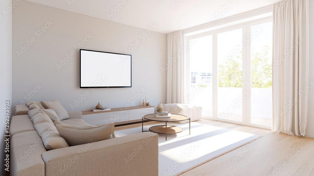 Fototapeta premium Modern Beige Living Room With Large Windows