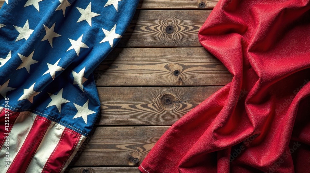 Fototapeta premium A patriotic textile arrangement featuring draped American and red fabrics on rustic wood