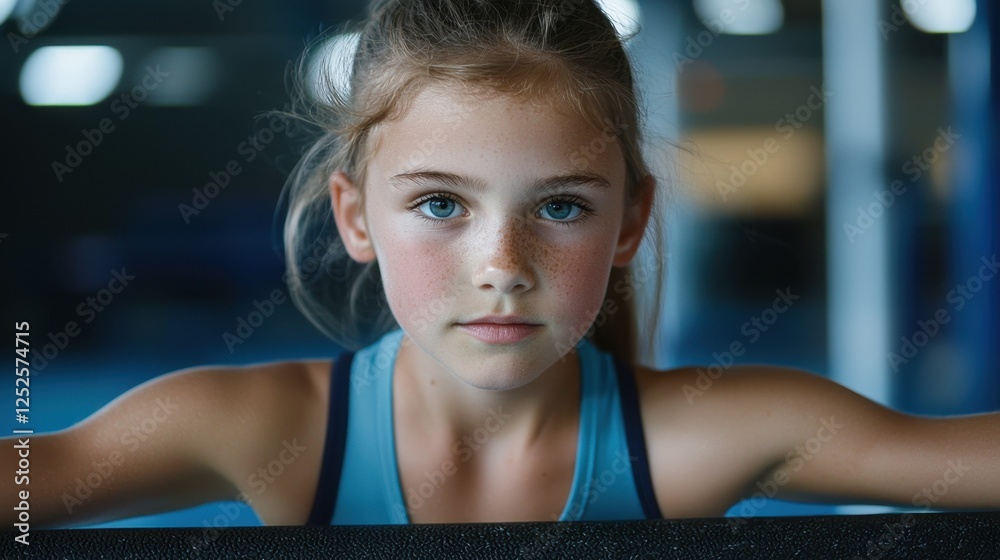 A young girl with blue hair and blue tank top is standing in front of a wall A young girl with blue hair and blue tank top is standing in front of a wall