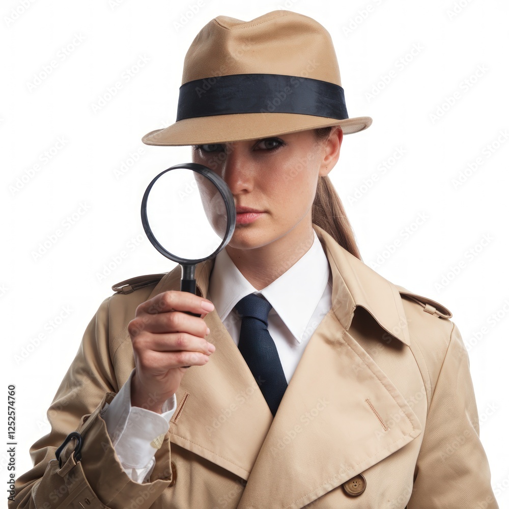 a woman detective wearing a trench coat isolated on white background a woman detective wearing a trench coat isolated on white background