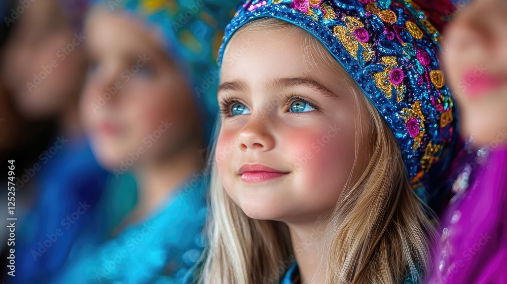 Fototapeta premium Girl in colorful headwear, audience, event, hope