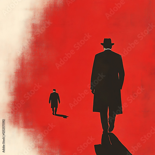 black silhouette detective man warming hat and suit, secret agent, mafia don, mysterious person, gangster old man, isolated red background, movie poster, book cover design, back view