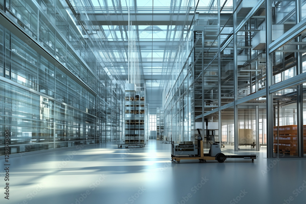 Spacious modern warehouse with automated shelving systems, highlighting efficiency and cutting-edge design. Spacious modern warehouse with automated shelving systems, highlighting efficiency and cutting-edge design.