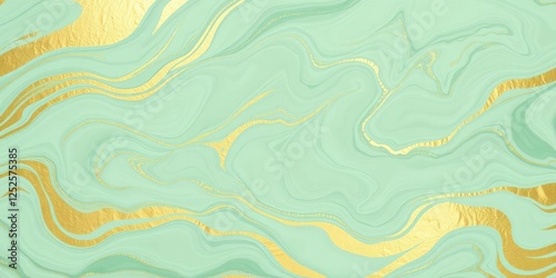Mint green and gold marbled background with wave-like patterns, peaceful environment, abstract design photo
