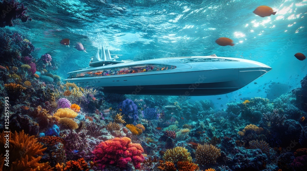 A cutting-edge underwater vessel exploring a thriving coral reef, capturing the vibrancy and diversity of marine life in its natural habitat A cutting-edge underwater vessel exploring a thriving coral reef, capturing the vibrancy and diversity of marine life in its natural habitat