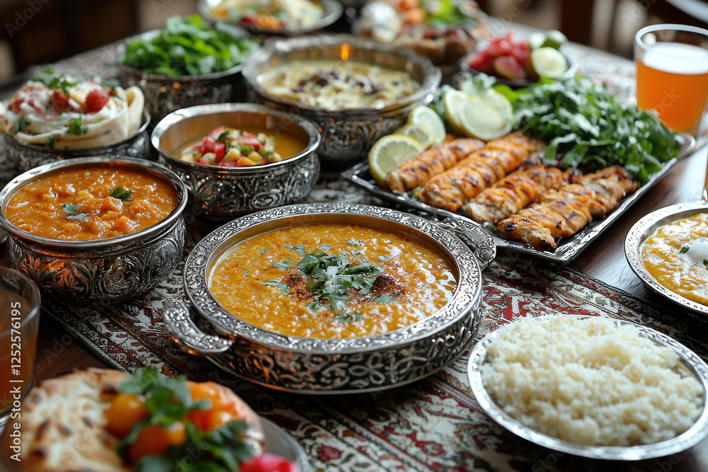 Obraz premium Persian cuisine feast on table with rice, grilled meat, stews, salads, and bread