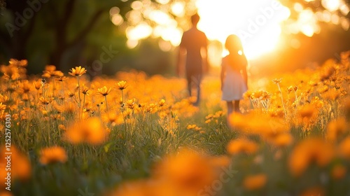 Sunset Stroll Through Golden Meadow: Father and Daughter Embrace Nature's Warmth