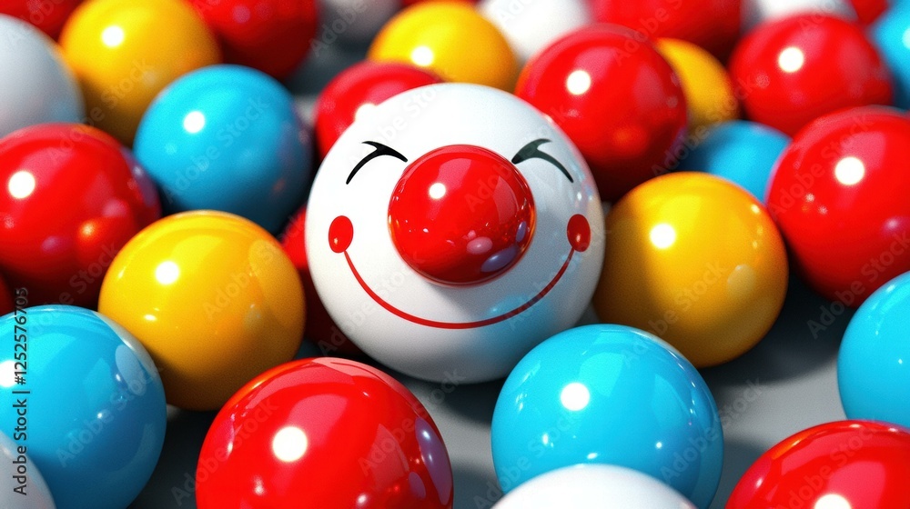 Happy clown face among colorful balls. AI. Happy clown face among colorful balls. AI.