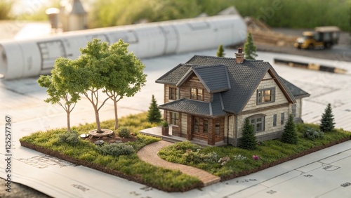 Model house with architectural plans and greenery in soft daylight, showcasing design concept  