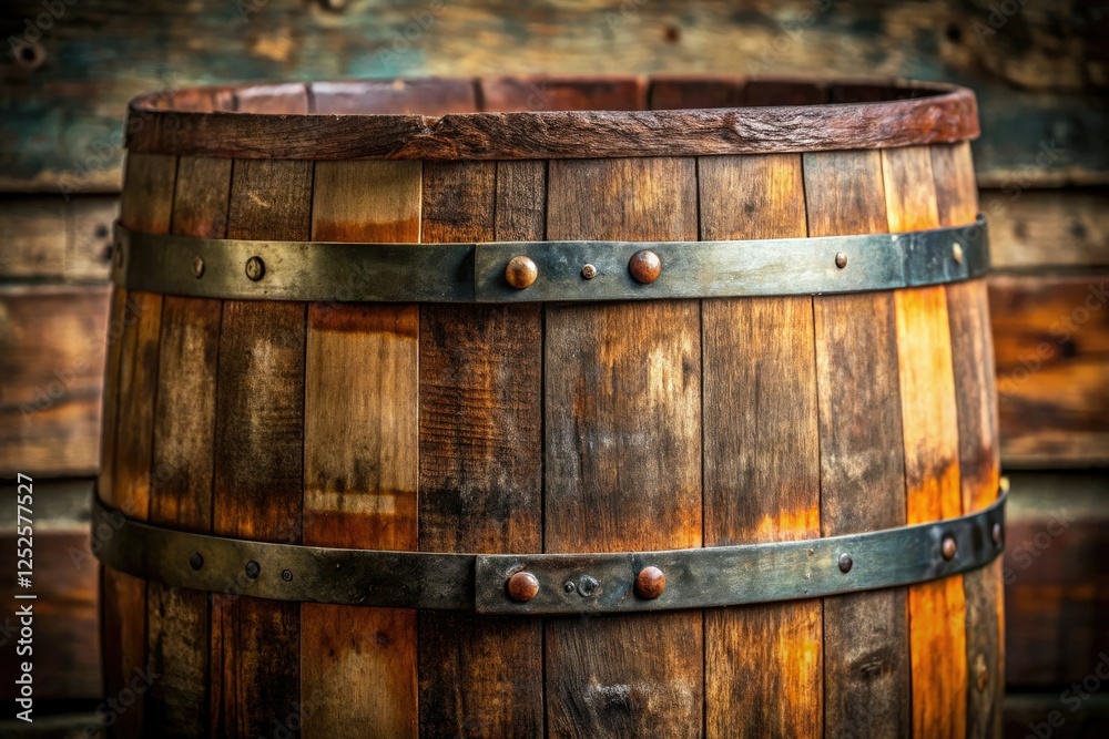 Fototapeta premium Old whiskey barrel with wooden staves and rusted metal bands, rusty, aged, grain, containers