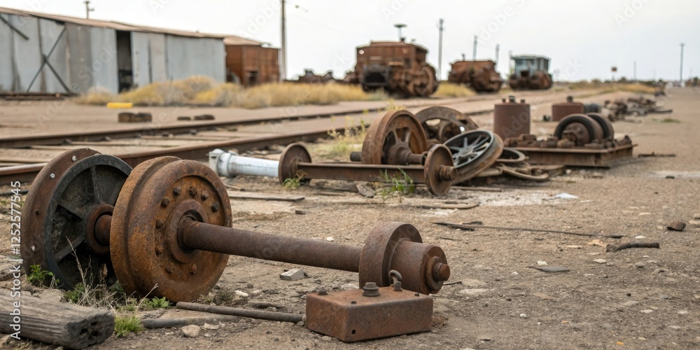 Old machinery and equipment scattered on the ground, corroded, mechanical, gears, metal Old machinery and equipment scattered on the ground, corroded, mechanical, gears, metal