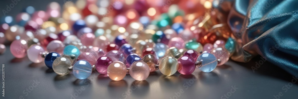 Opalescent beads on a translucent fabric background , shimmering, iridescent Opalescent beads on a translucent fabric background , shimmering, iridescent